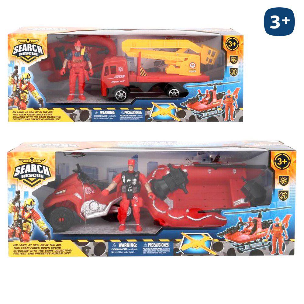 FIGURA BOMBERO CON VEHÍCULO 2/M CAJA VENTANA 36X11X14 CM
