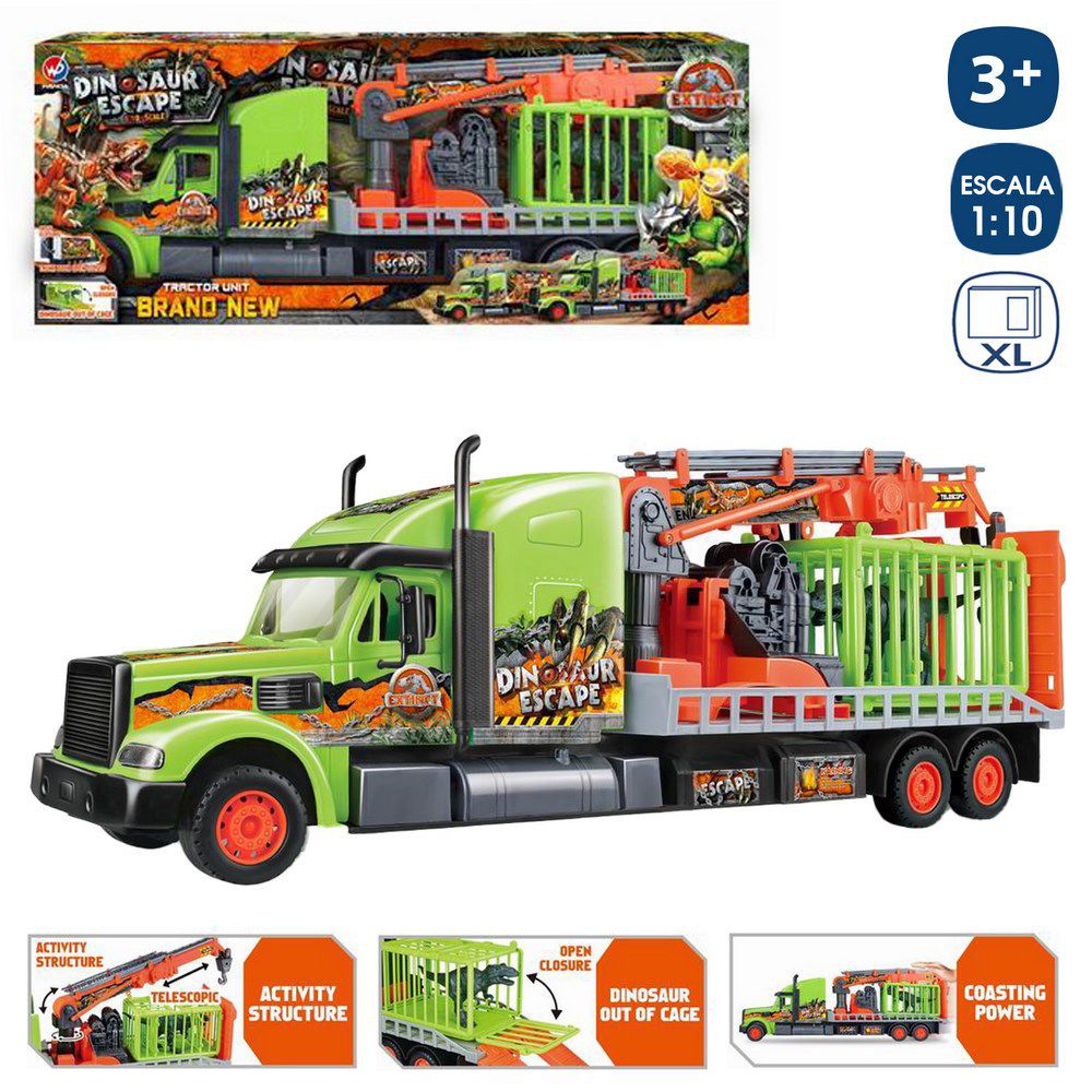 CAMIÓN REMOLQUE DINOSAURIOS 56 CM INCLUYE JAULA CON FIGURA -CAJA ABIERTA 57X22 CM