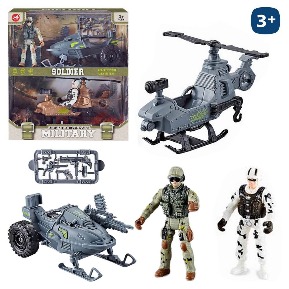 S/2 FIGURA MILITAR CON 2 VEHÍCULOS CAJA DOBLE PISO VENTANA 24X26 CM