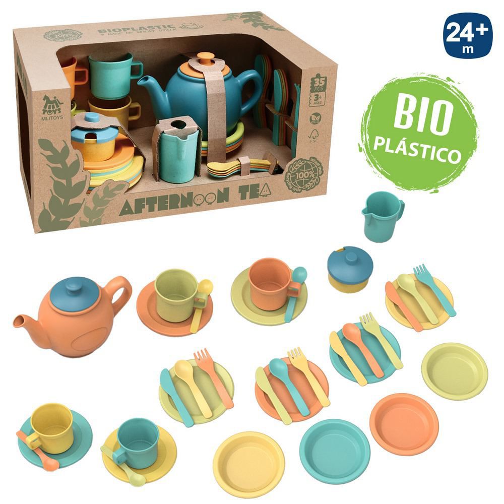 S/35 JUEGO TÉ BIO PLÁSTICO 2/C MATERIA BIODEGRADABLE - CAJA ABIERTA 36X19 CM