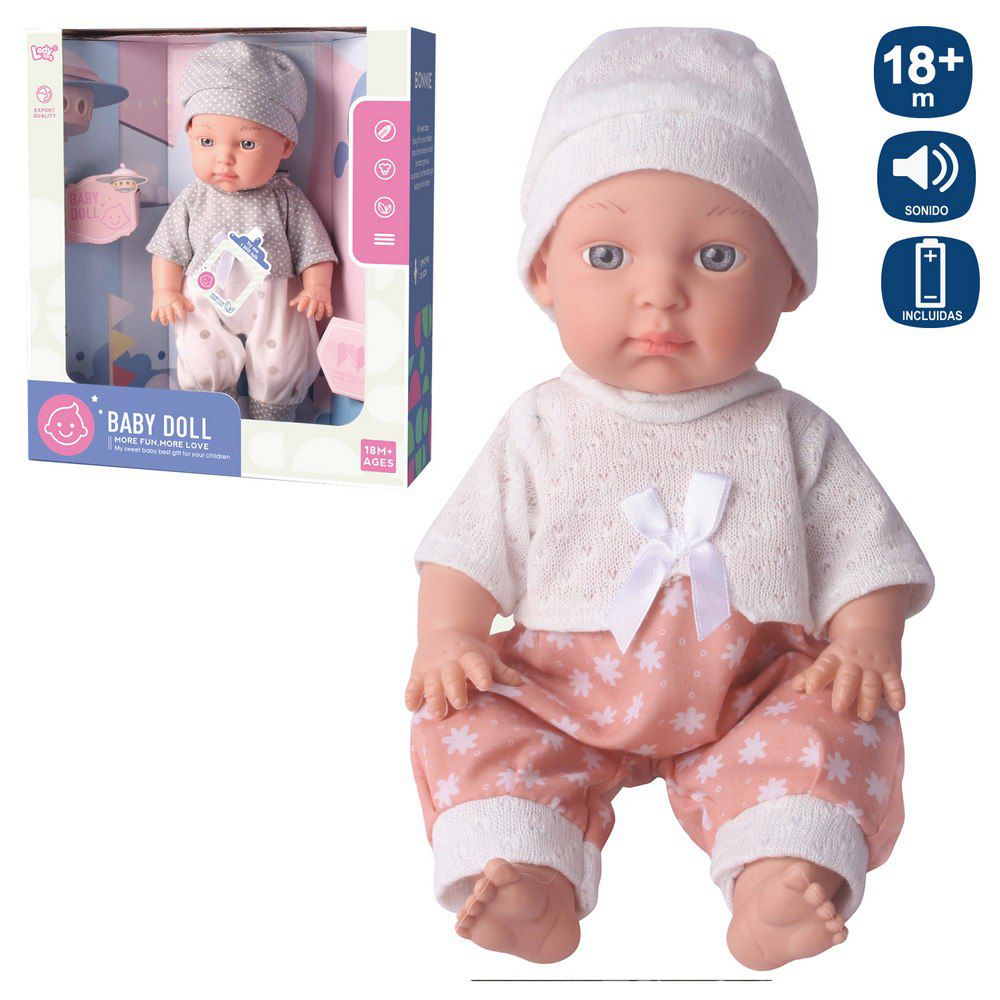 BEBÉ TRAJE PUNTO 12 SONIDOS 2/C 30 CM FUNCIÓN PRUEBAME -FUNCIONA CON PILAS 3AG13 INCLUIDAS- CAJA VENTANA28X31 CM