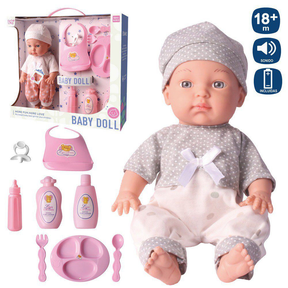 BEBÉ TRAJE PUNTO 12 SONIDOS 2/C 30 CM CON ACCESORIOS COMIDAS- FUNCIONA CON PILAS 3AG13 INCLUIDAS- CAJA VENTANA 37X32 CM