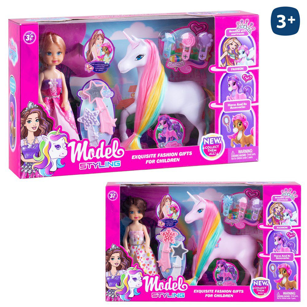 MUÑECA CON UNICORNIO RAINBOW 2/C 16 CM CON ACCESORIOS - CAJA VENTANA 30X18 CM
