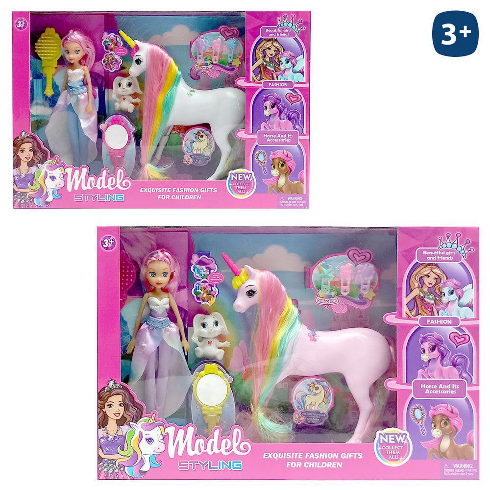 MUÑECA CON UNICORNIO RAINBOW 2/C 29 CM CON ACCESORIOS - CAJA VENTANA 42X28 CM