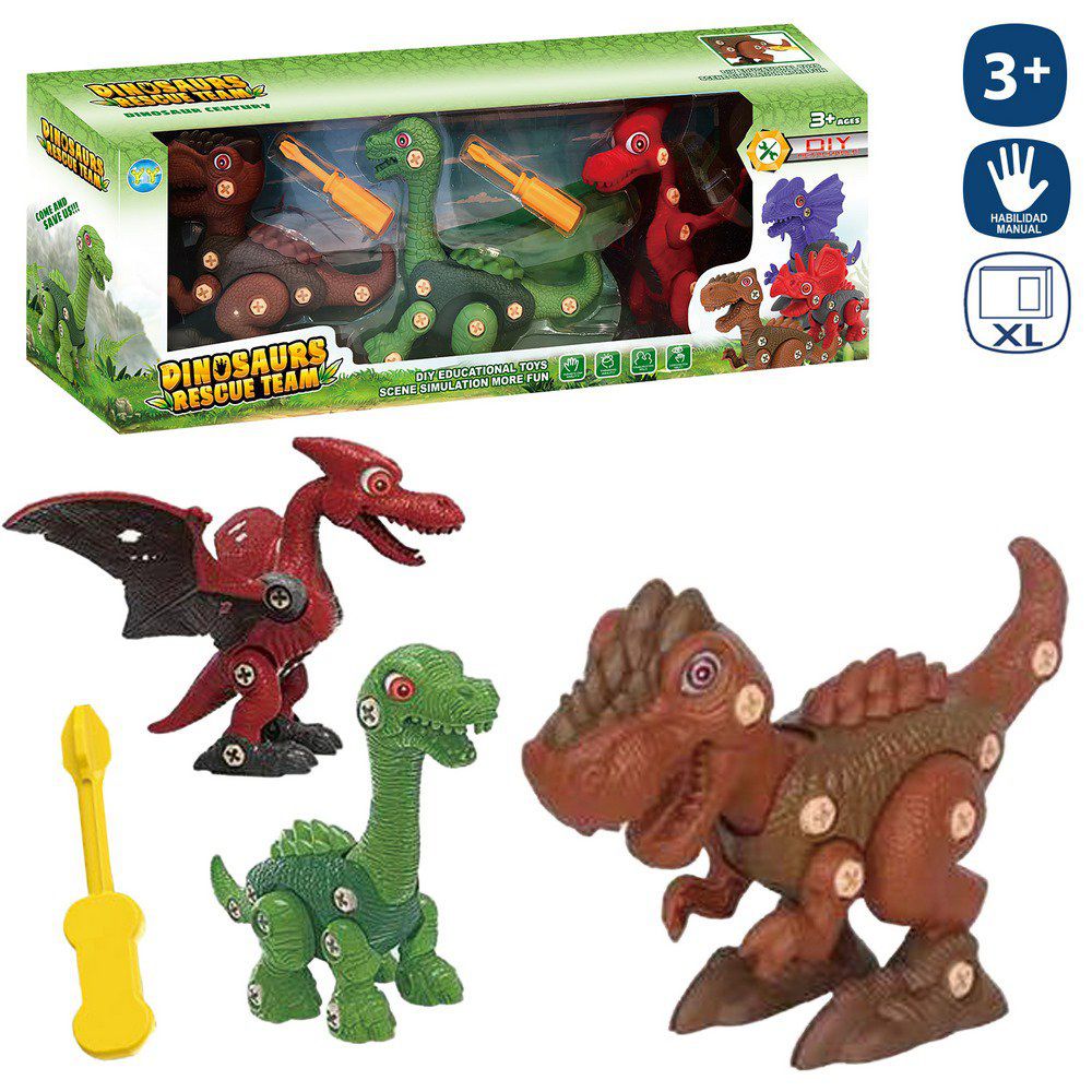 S/3 DINOSAURIO DESMONTABLE 21 CM INCLUYE DESTORNILLADOR - CAJA VENTANA 51X20 CM