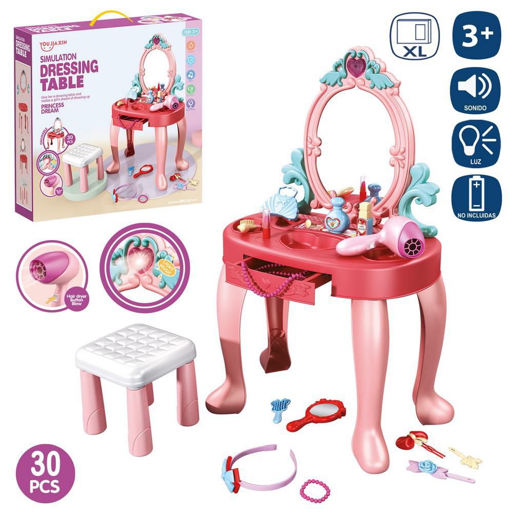 TOCADOR BELLEZA CON PATAS Y BANCO 57 X 41 X 77 CM LUZ Y SONIDO- SECADOR ELECTRICO- TOCADOR 2 XAA NO INCLUIDAS- SECADOR 1XAA NO INCLUIDA, CAJA IMPRESA 45X45 CM