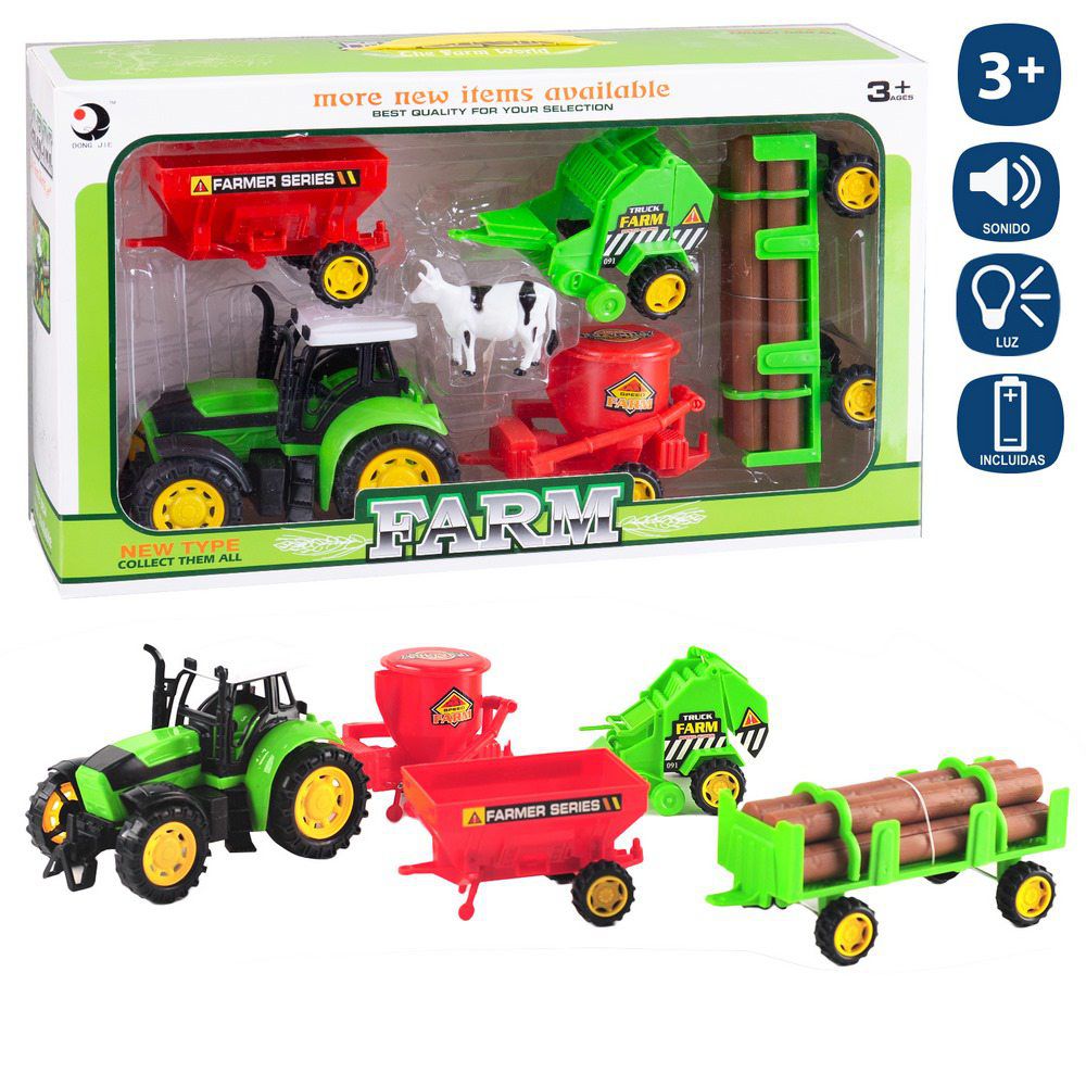 TRACTOR CON 4 REMOLQUES Y ACCESORIOS CON 4 REMOLQUES Y ACCESORIOS CAJA VENTANA 41X24 CM