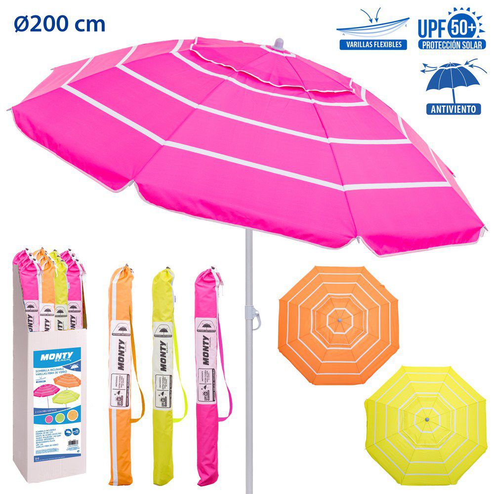 SOMB.ANTIV.VARI.FIB.M.ACERO NEON 200 3/C 200 CM MÁSTIL ACERO 22/25 INCLINABLE -CAJA EXPOSITORA- VARILLAS FIBRA VIDRIO 5MM -REVESTIMIENTO PLATEADO PROTECCIÓN UPF +50 OXFORD 140