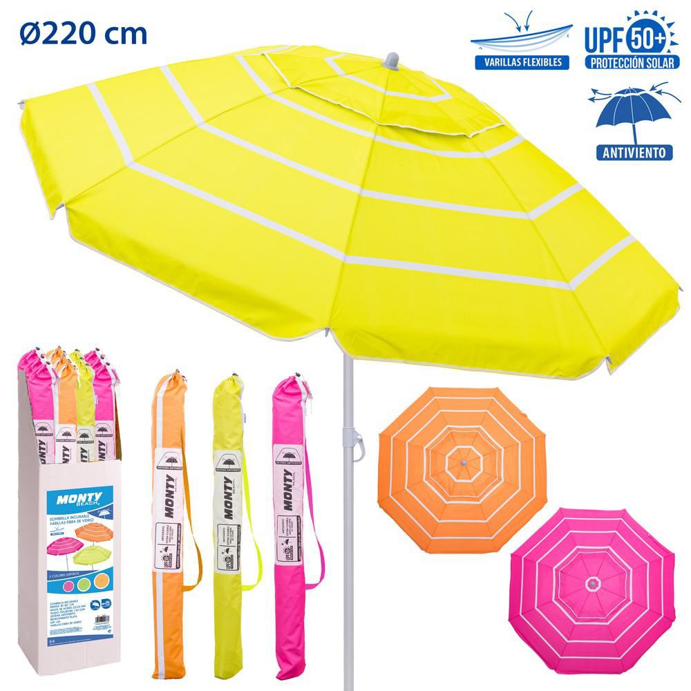 SOMB.ANTIV.VARI.FIB.M.ACERO NEON 220 3/C 220 CM MÁSTIL ACERO 28/32 INCLINABLE -CAJA EXPOSITORA- VARILLAS FIBRA VIDRIO 5MM -REVESTIMIENTO PLATEADO PROTECCIÓN UPF +50 OXFORD 140