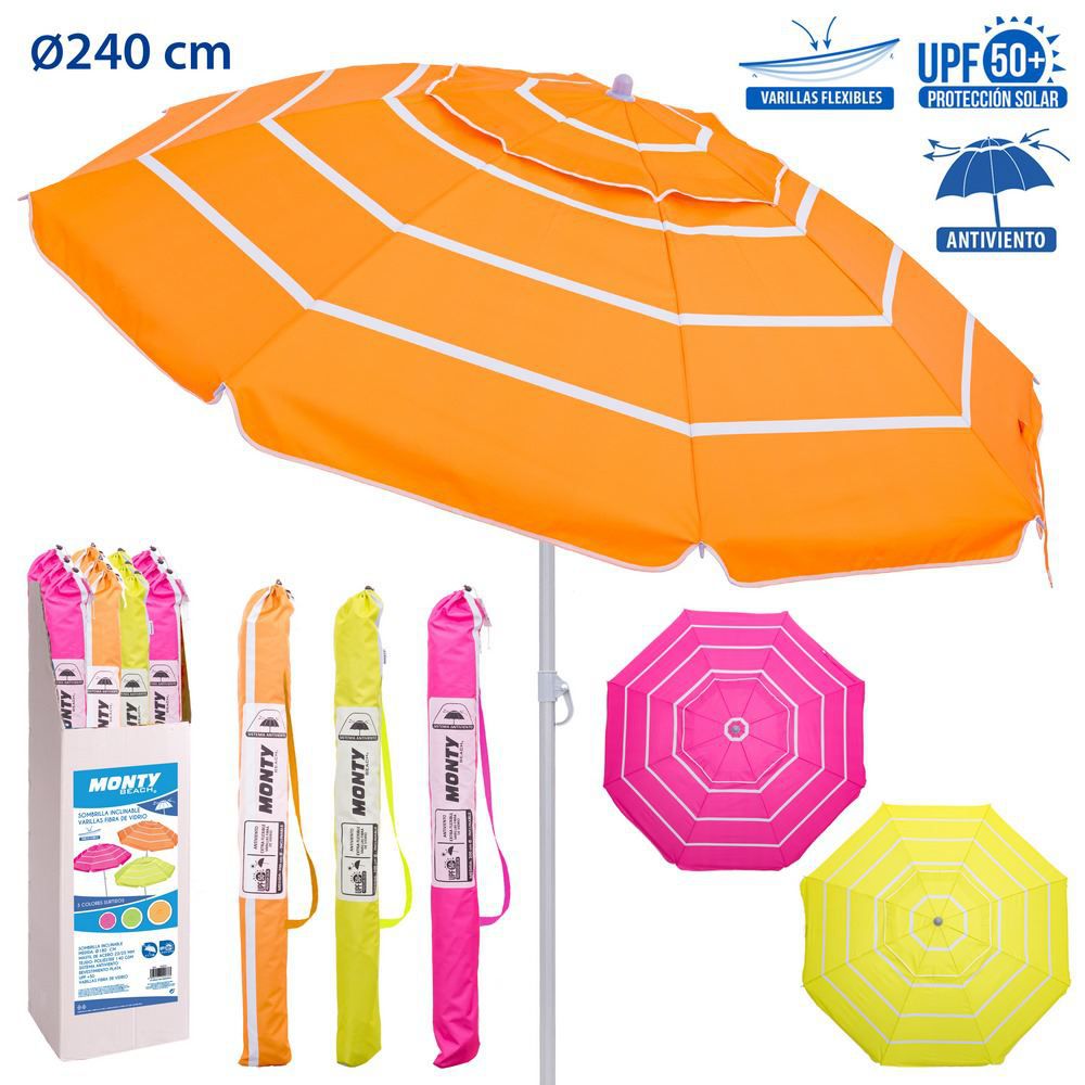 SOMB.ANTIV.VARI.FIB.M.ACERO NEON 240 3/C 240 CM MÁSTIL ACERO 28/32 INCLINABLE -CAJA EXPOSITORA- VARILLAS FIBRA VIDRIO 6MM -REVESTIMIENTO PLATEADO PROTECCIÓN UPF +50 OXFORD 140