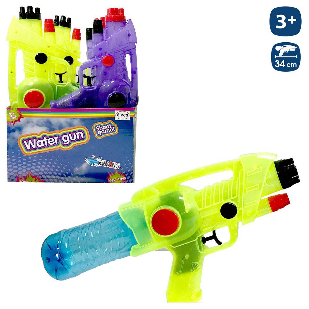 PISTOLA AGUA NEON 2/C 34 CM CAJA EXPOSITORA 6 UDS