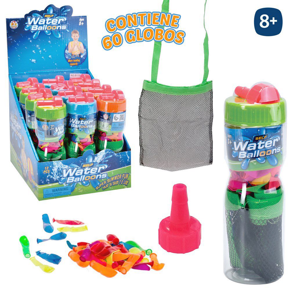 S/60 GLOBOS DE AGUA 3/C CONTENEDOR PLASTICO CON ROSCA 7X19 CM. CAJA EXPOSITORA 12 UDS