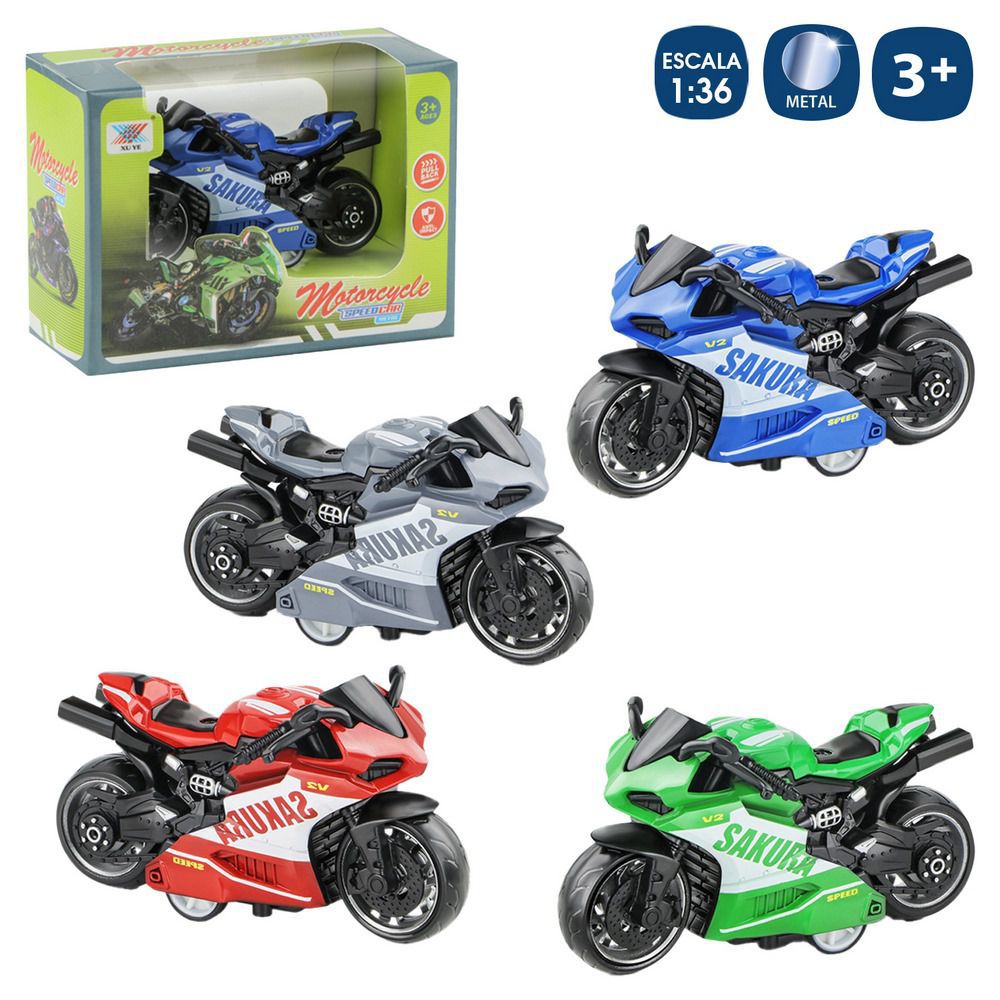 MOTO CARRERAS FRICCIÓN METAL 4/C 9 CM ESCALA 1/36 CAJA VENTANA 12X9 CM.