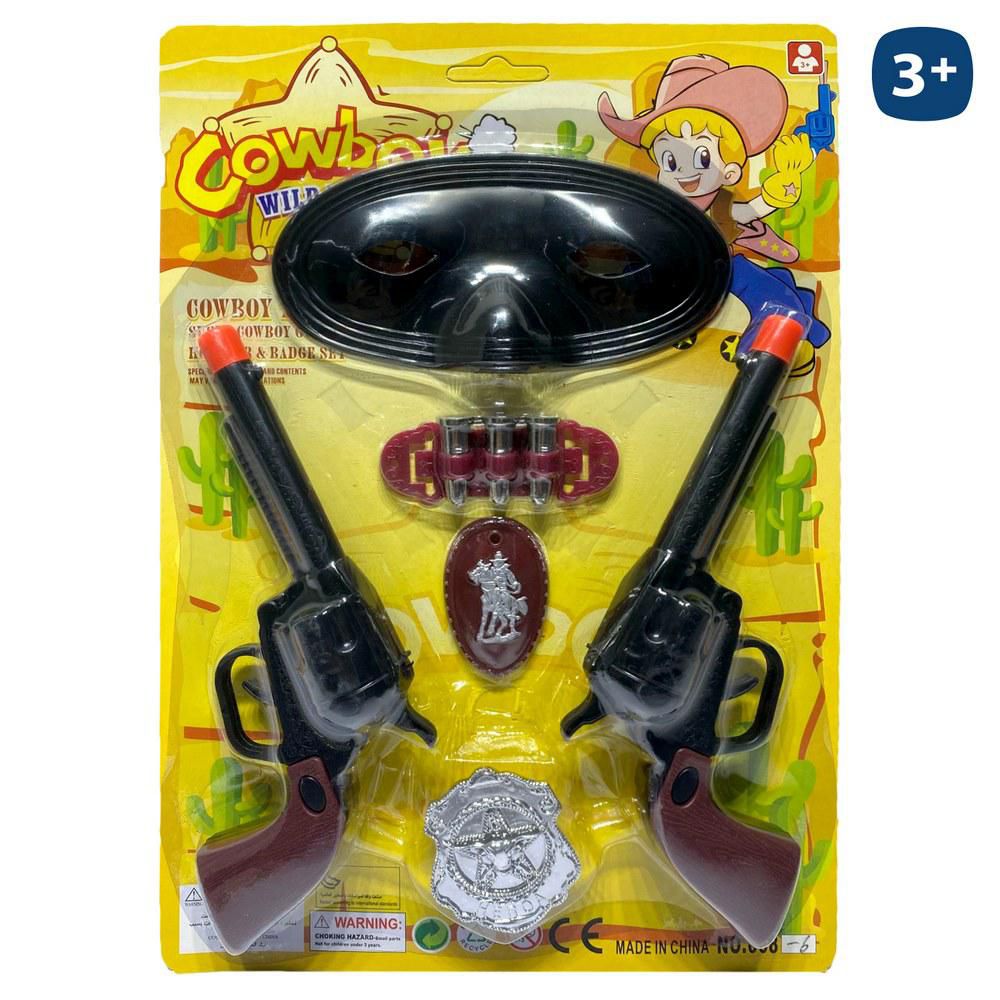 S/2 PISTOLA VAQUERO CON ANTIFAZ Y ACCESORIOS. BLISTER 22X31 CM.