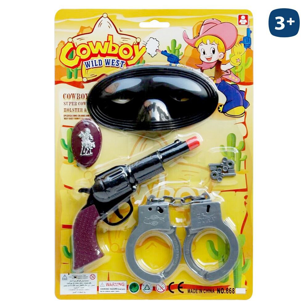 PISTOLA VAQUERO CON ANTIFAZ Y ACCESORIOS. BLISTER 22X31 CM.