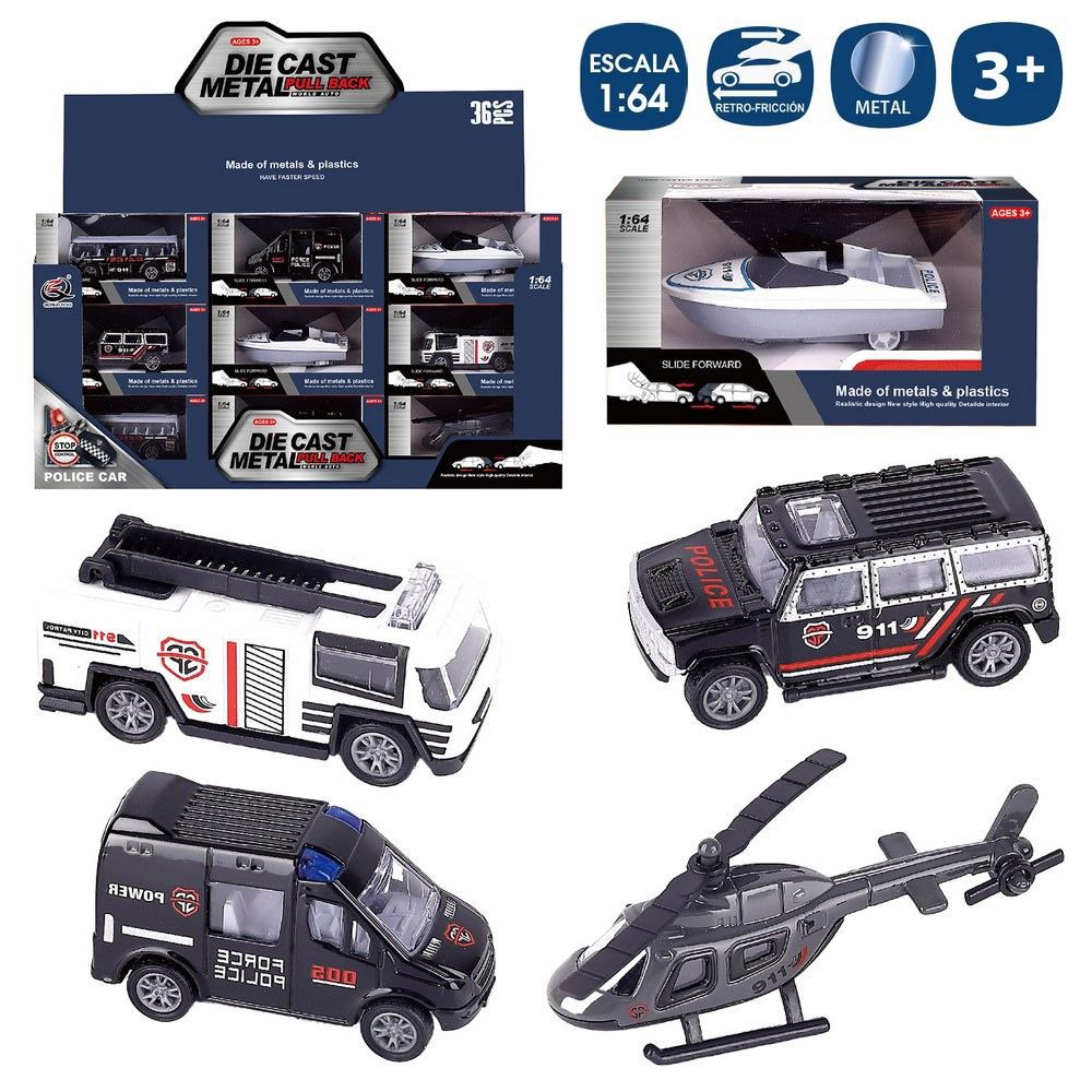 VEHÍCULO POLICÍA 6/M METAL 8 CM RETROFRICCIÓN ESCALA 1/64. CAJA VENTANA 12X6 CM- CAJA EXPOSITORA 36 UDS