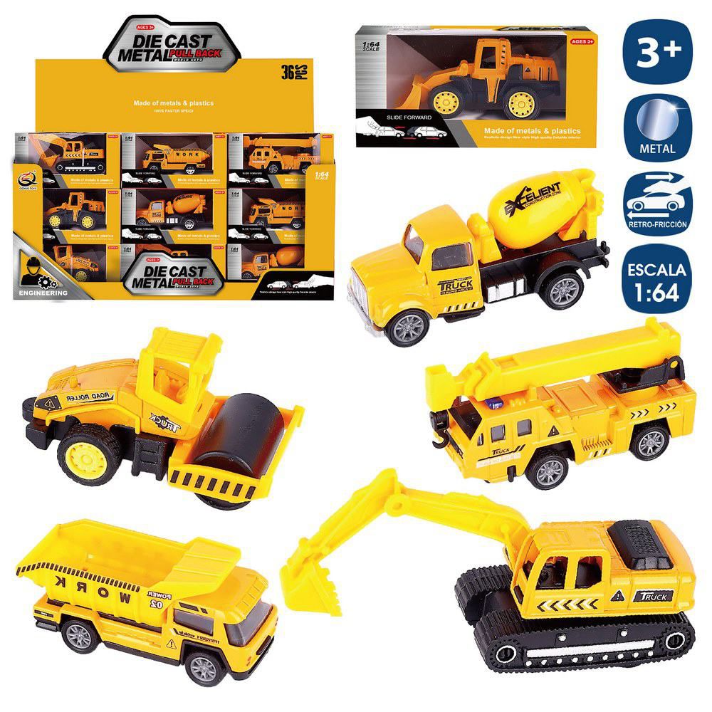 VEHÍCULO OBRAS PÚBLICAS METAL 6/M 8 CM RETROFRICCIÓN ESCALA 1/64. CAJA VENTANA 12X6 CM- CAJA EXPOSITORA 36 UDS