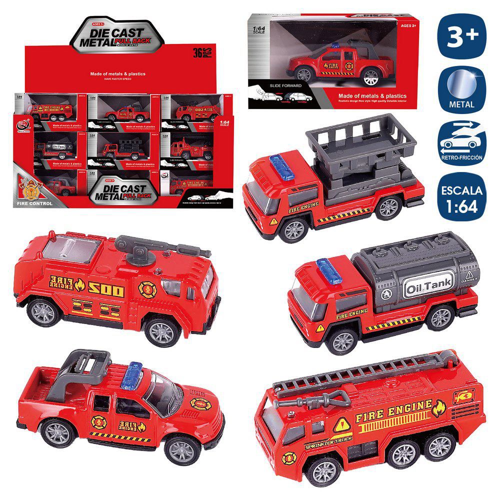 VEHÍCULO BOMBEROS METAL 6/M 8 CM RETROFRICCIÓN ESCALA 1/64. CAJA VENTANA 12X6 CM- CAJA EXPOSITORA 36 UDS