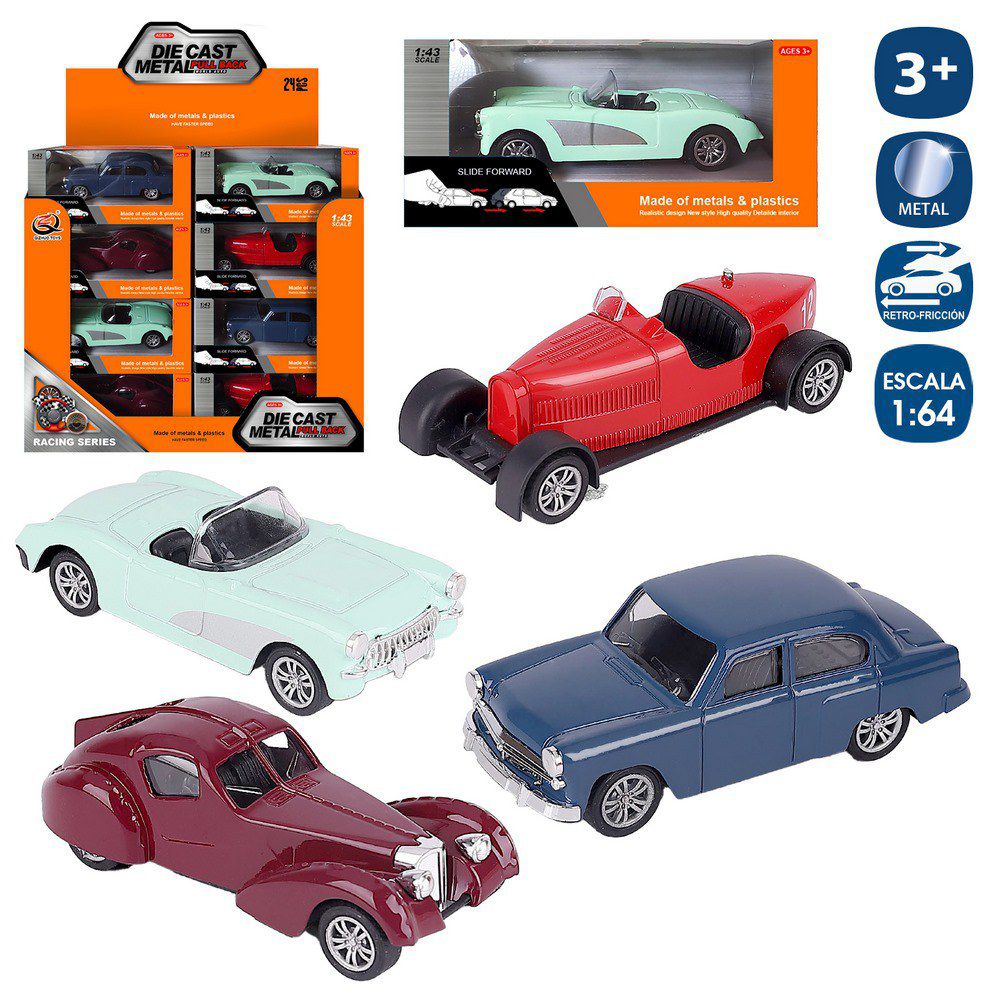 COCHE ANTIGUO METAL 4/M 11 CM RETROFRICCIÓN ESCALA 1/48. CAJA VENTANA 12X6 CM- CAJA EXPOSITORA 36 UDS