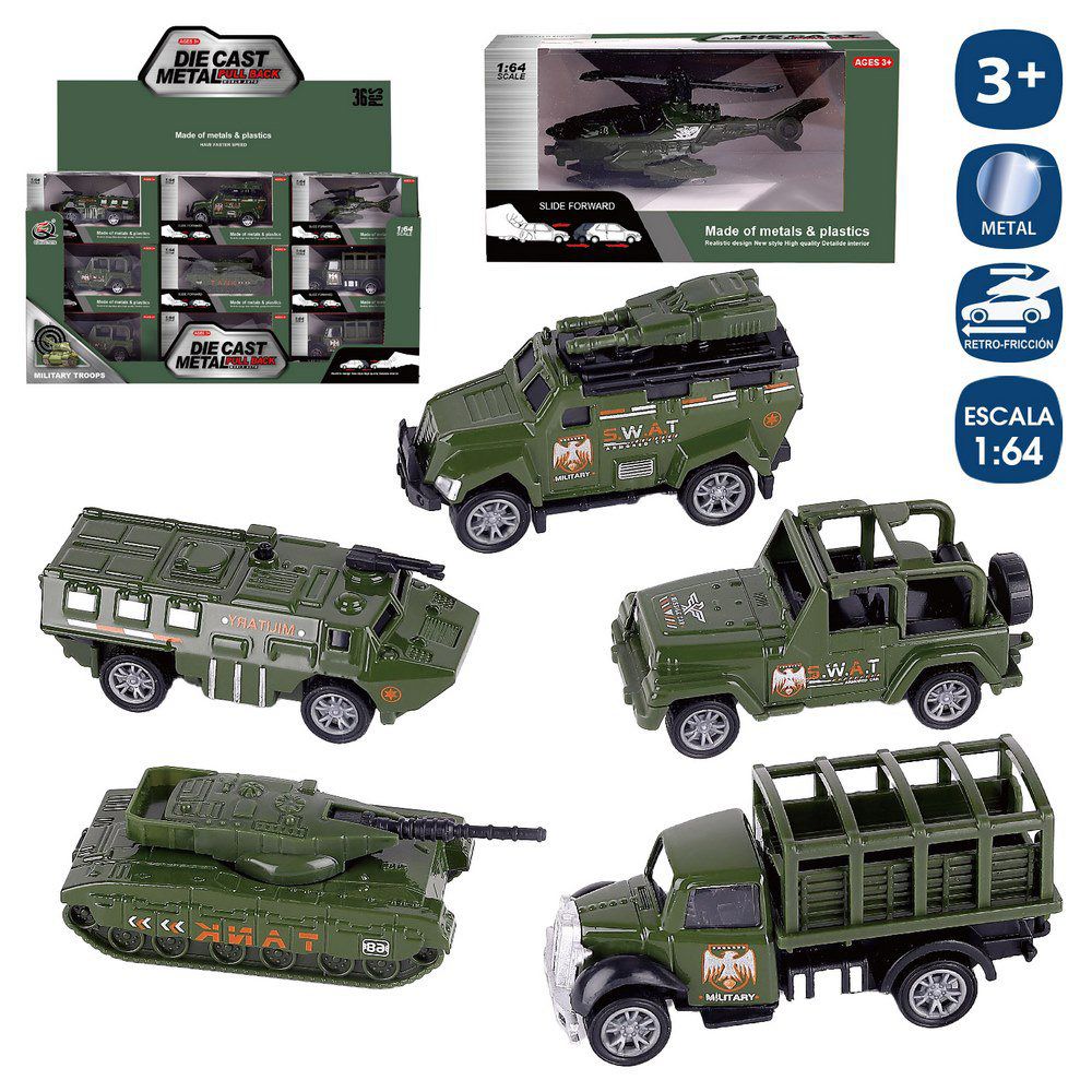 VEHÍCULO MILITAR METAL 6/M 8 CM RETROFRICCIÓN ESCALA 1/64. CAJA VENTANA 12X6 CM- CAJA EXPOSITORA 36 UDS