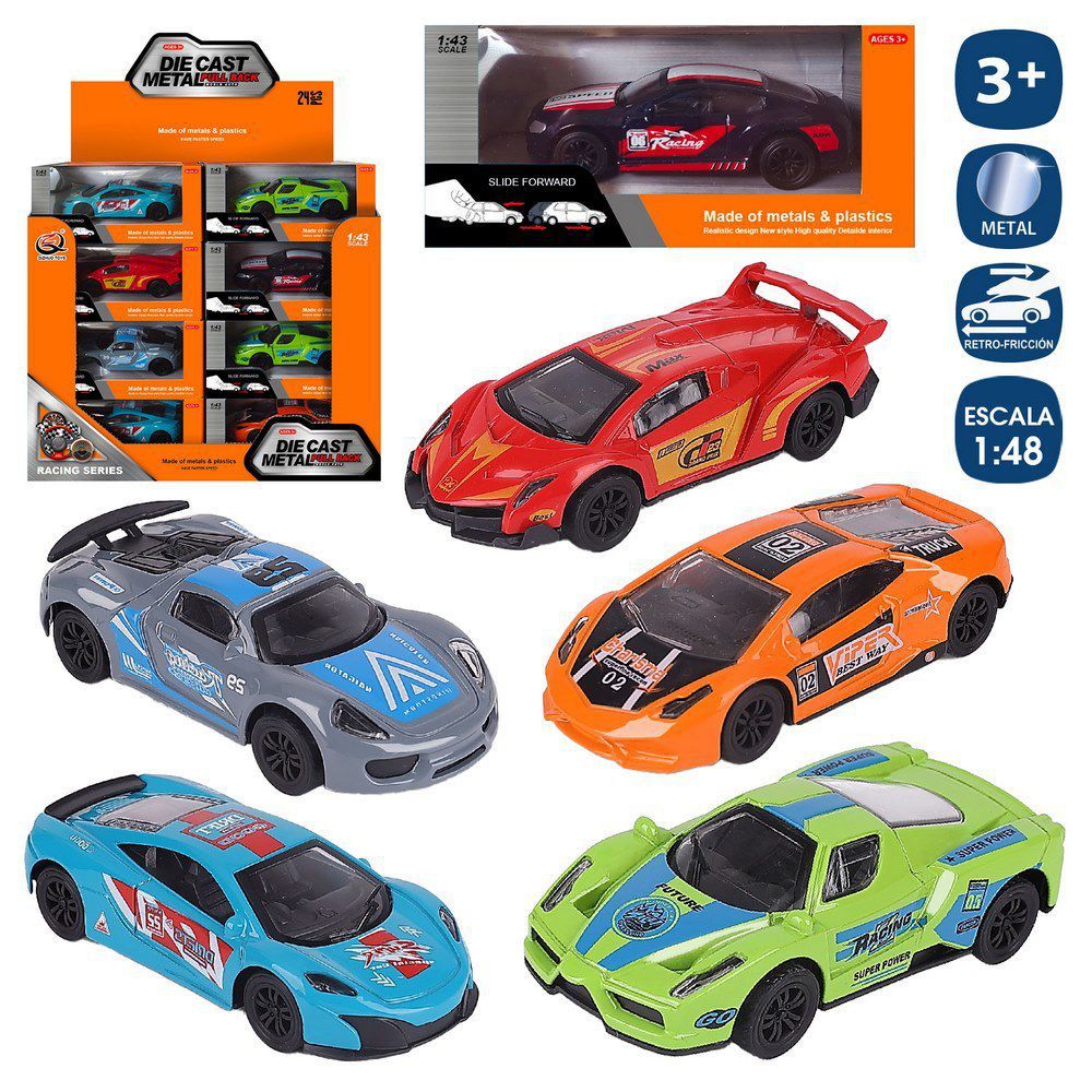COCHE SPORT METAL 4/M 11 CM RETROFRICCIÓN ESCALA 1/48. CAJA VENTANA 12X6 CM- CAJA EXPOSITORA 36 UDS