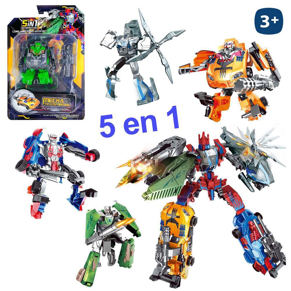 ROBOT TRANSFORMABLE 5 EN 1 12 CM 5 ROBOTS SE TRANSFORMAN EN UAN MAYOR-DOBLE BLISTER 17X25 CM.