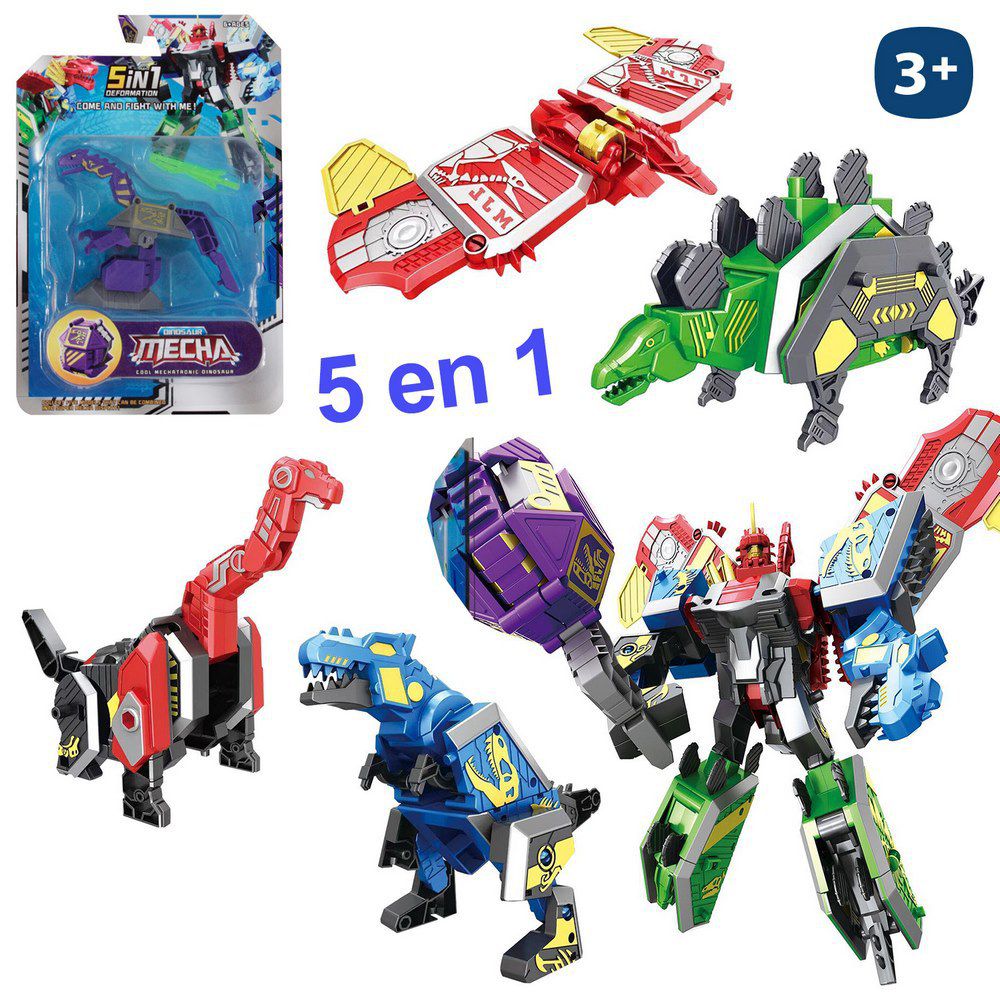ROBOT TRANSFORMABLE 5 EN 1 13 CM 5 DINOSAURIOS SE TRANSFORMAN EN ROBOT. DOBLE BLISTER 17X25 CM.