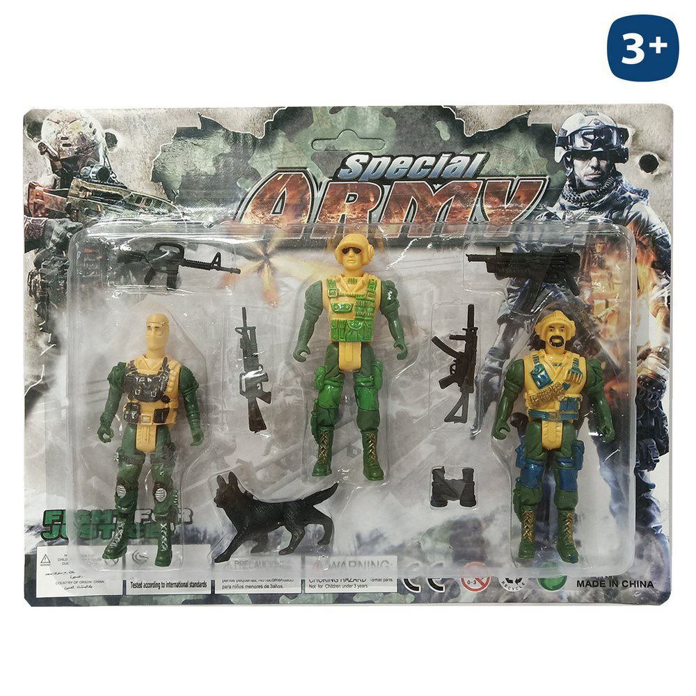 S/3 FIGURA MILITAR CON ACCESORIOS 11 CM BLISTER 28X22 CM.