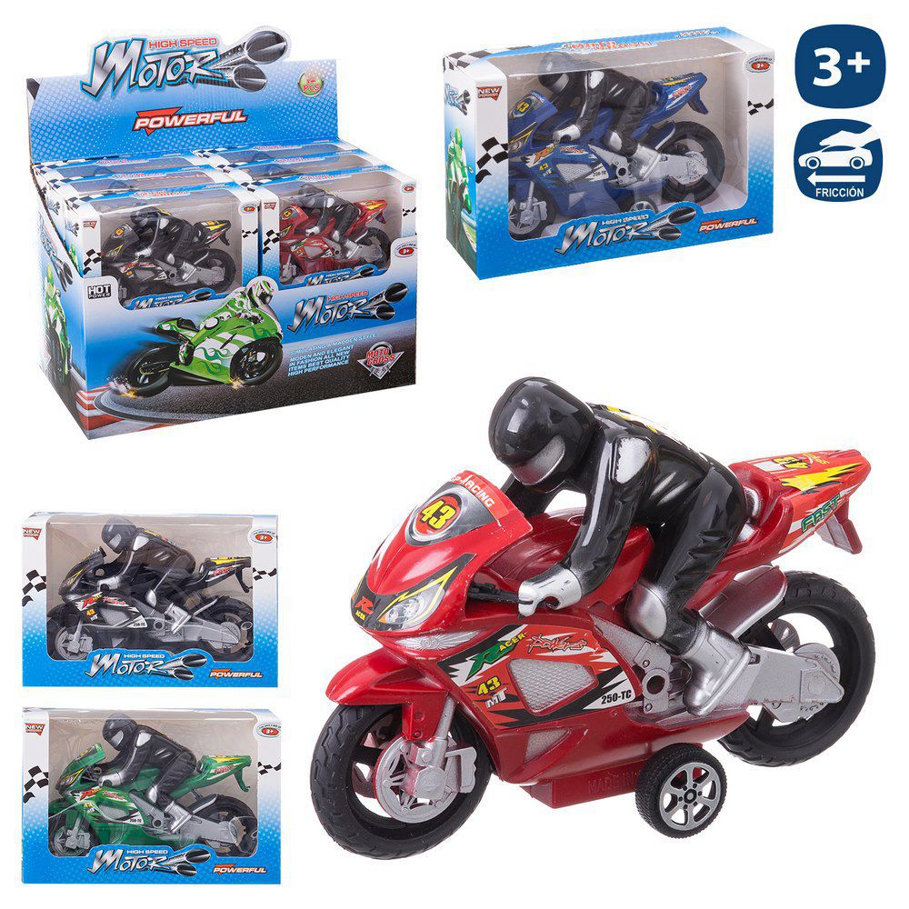 MOTO CARRERAS FRICCIÓN 4/C 18 CM CON FIGURA . CAJA VENTANA 18X12 CM- CAJA EXSPOSITORA 12 UDS