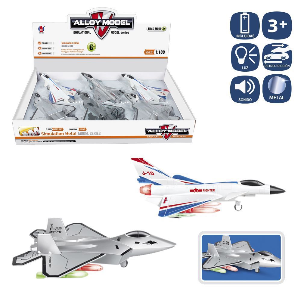AVIÓN MILITAR CON LUZ Y SONIDO METAL 4/M 19 X 15 CM PILAS 3AG13 INCLUIDAS. ESCALA 1/100- CAJA EXPOSITORA 6 UDS