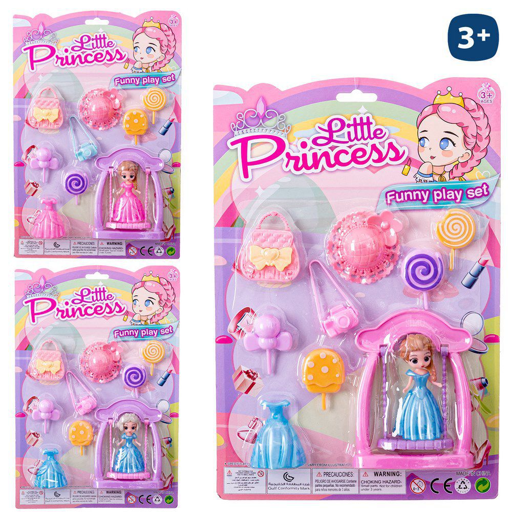 MUÑECA PRINCESA CON COLUMPIO 3/C 8 CM CAMBIA VESTIDOS CON ACCESORIOS . BLISTER 21X32 CM
