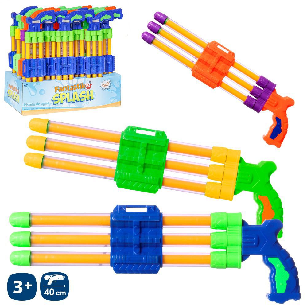 PISTOLA DE AGUA TRIPLE CAÑÓN 3/C 40 X 2 CM CAJA EXPOSITORA 24 PZAS.