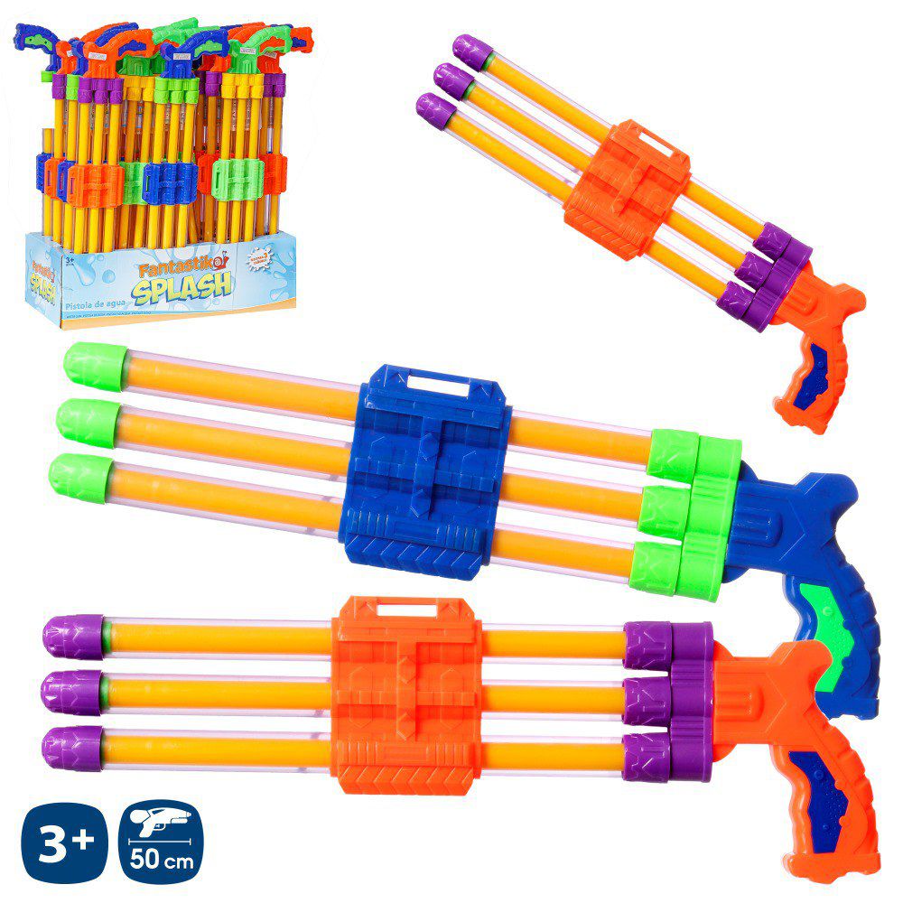 PISTOLA DE AGUA TRIPLE CAÑÓN 3/C 50 X 2 CM CAJA EXPOSITORA 24 PZAS.