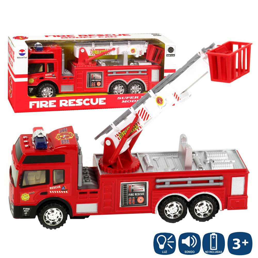 CAMIÓN BOMBEROS SALVAOBSTÁCULOS LUZ Y SO 30 CM PILAS 3-AA NO INCLUIDAS. CAJA VENTANA 34X14 CM.