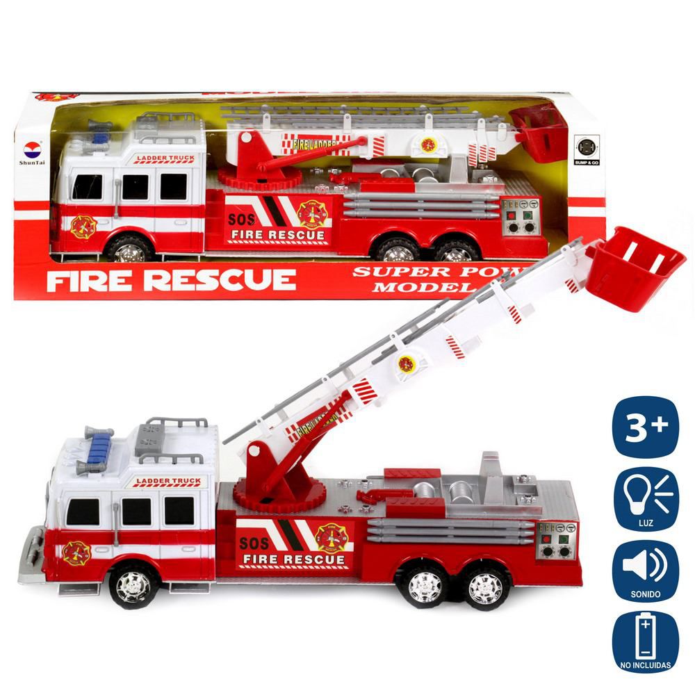 CAMIÓN BOMBEROS SALVAOBSTÁCULOS LUZ Y SO 42 CM PILAS 4-AA NO INCLUIDAS. CAJA VENTANA 46X14 CM.