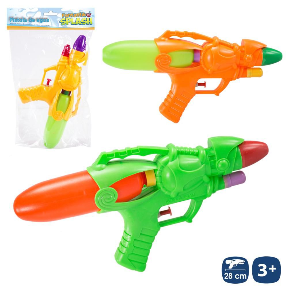 PISTOLA DE AGUA 3/C 28 CM BOLSA CON PESTAÑA 18X33 CM.