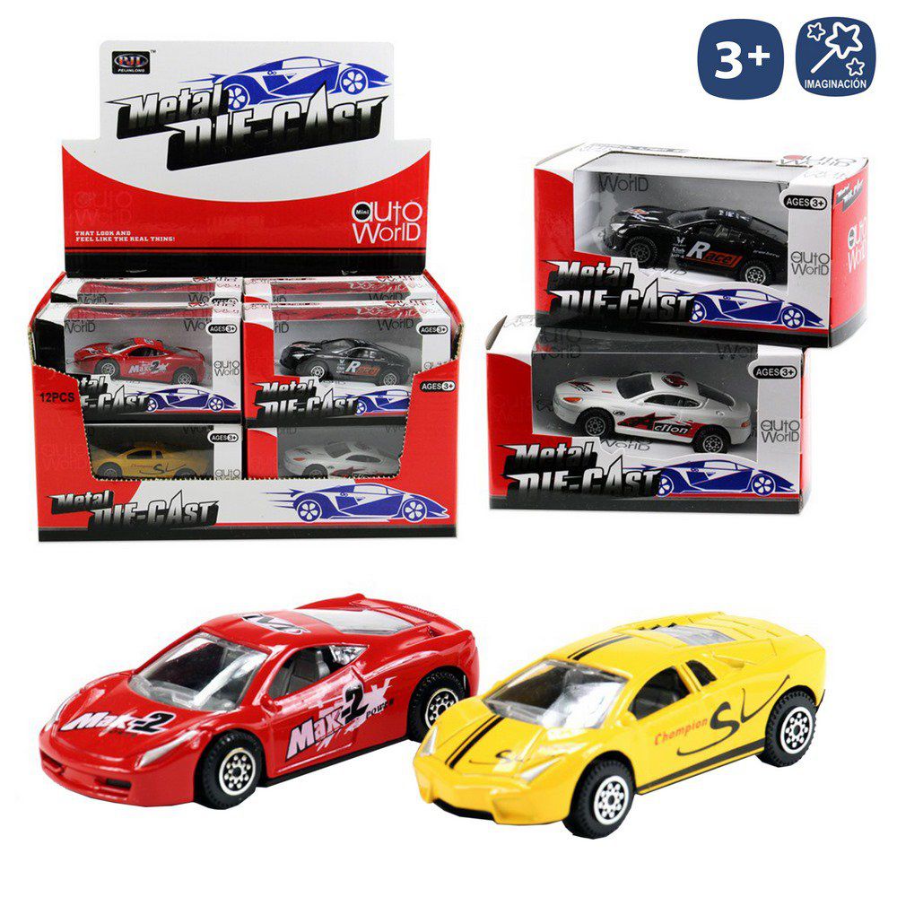 COCHE DEPORTIVO METAL AUTOWORLD 4/C 9 CM CAJA VENTANA 13X7 CM. CAJA EXPOSITORA DE 12 PZAS.