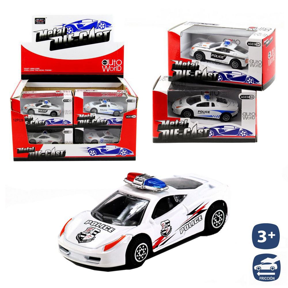 COCHE POLICÍA METAL AUTOWORLD 3/M 9 CM CAJA VENTANA 13X7 CM. CAJA EXPOSITORA DE 12 PZAS.