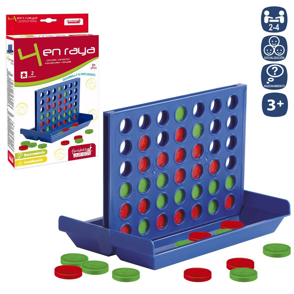 JUEGO 4 EN RAYA CAJA IMPRESA CON PESTAÑA 15X24 CM.