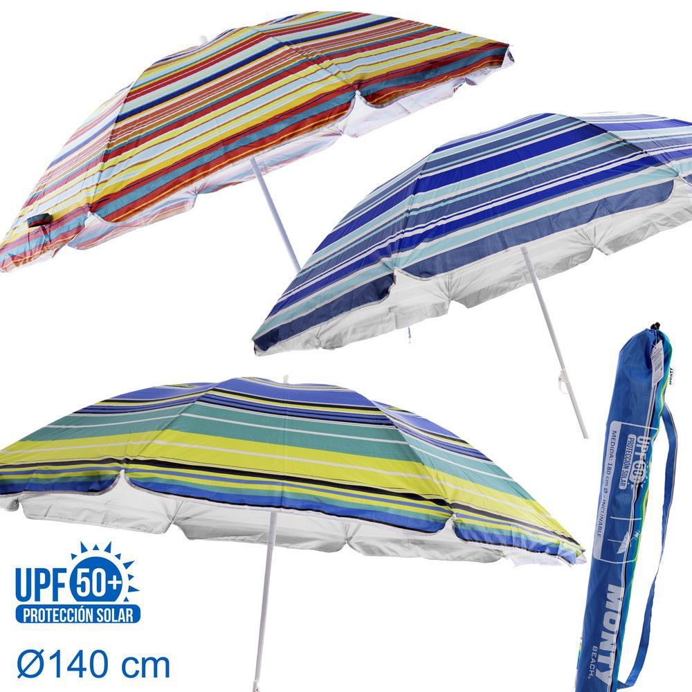 SOMBRILLA PROTECCIÓN SOLAR UPF +50 3/C 140 CM CUBIERTA IMPRESA-6 VARILLAS - MASTIL 16-19 MM- FIJA- CUBIERTA NYLON PROTECCION SOLAR UPF +50- TERMINACION PUNTA