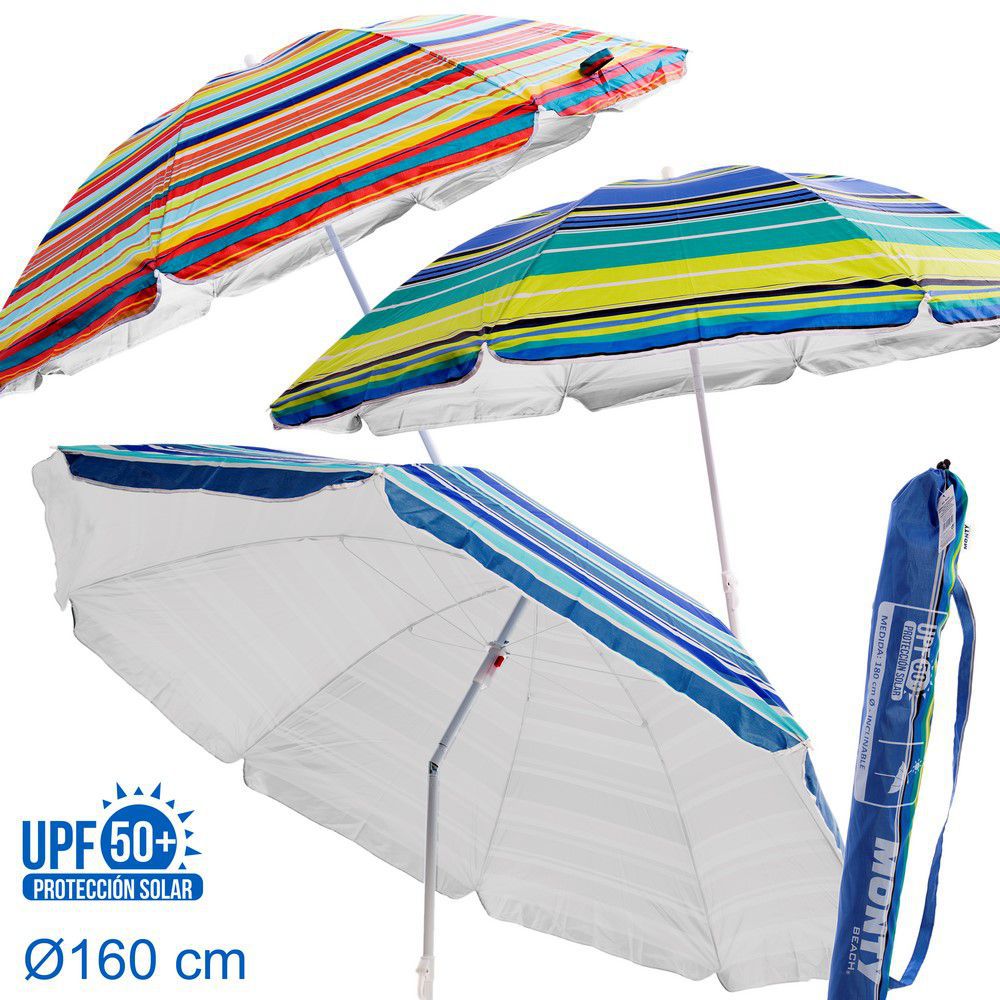 SOMBRILLA PROTECCIÓN SOLAR UPF +50 3/C 160 CM CUBIERTA IMPRESA-8 VARILLAS - MASTIL 19-22 MM- INCLINABLE- CUBIERTA NYLON PROTECCIÓN SOLAR UPF + 50-TERMINACION PUNTA