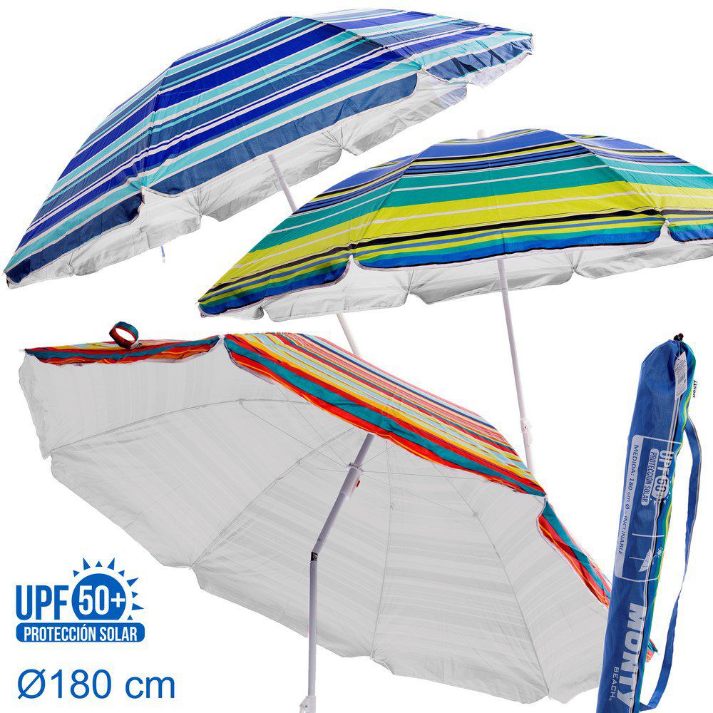 SOMBRILLA PROTECCIÓN SOLAR UPF +50 3/C 180 CM CUBIERTA IMPRESA-8 VARILLAS - MASTIL 19-22 MM- INCLINABLE- CUBIERTA NYLON PROTECCIÓN SOLAR UPF + 50-TERMINACION PUNTA