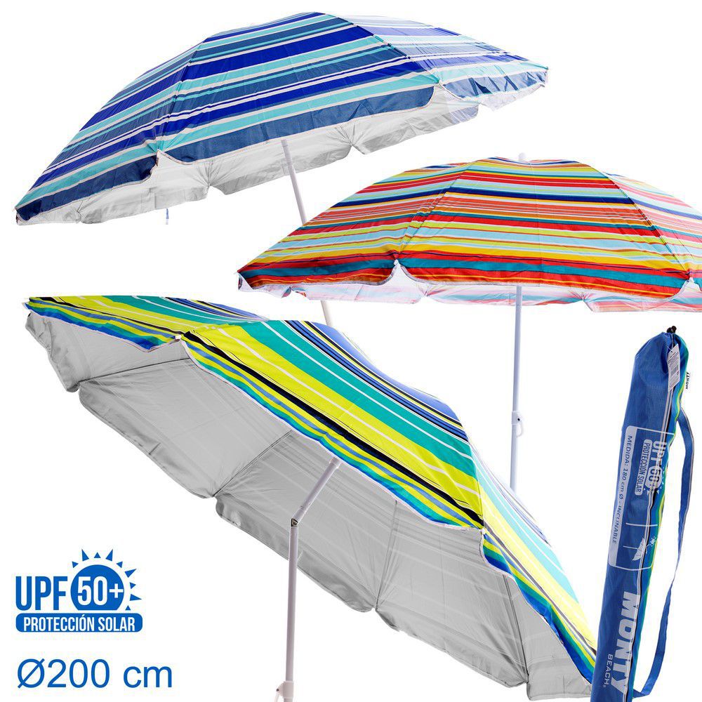 SOMBRILLA PROTECCIÓN SOLAR UPF +50 3/C 200 CM CUBIERTA IMPRESA-8 VARILLAS - MASTIL 19/22 MM- INCLINABLE- CUBIERTA NYLON PROTECCIÓN SOLAR UPF + 50-TERMINACION PUNTA
