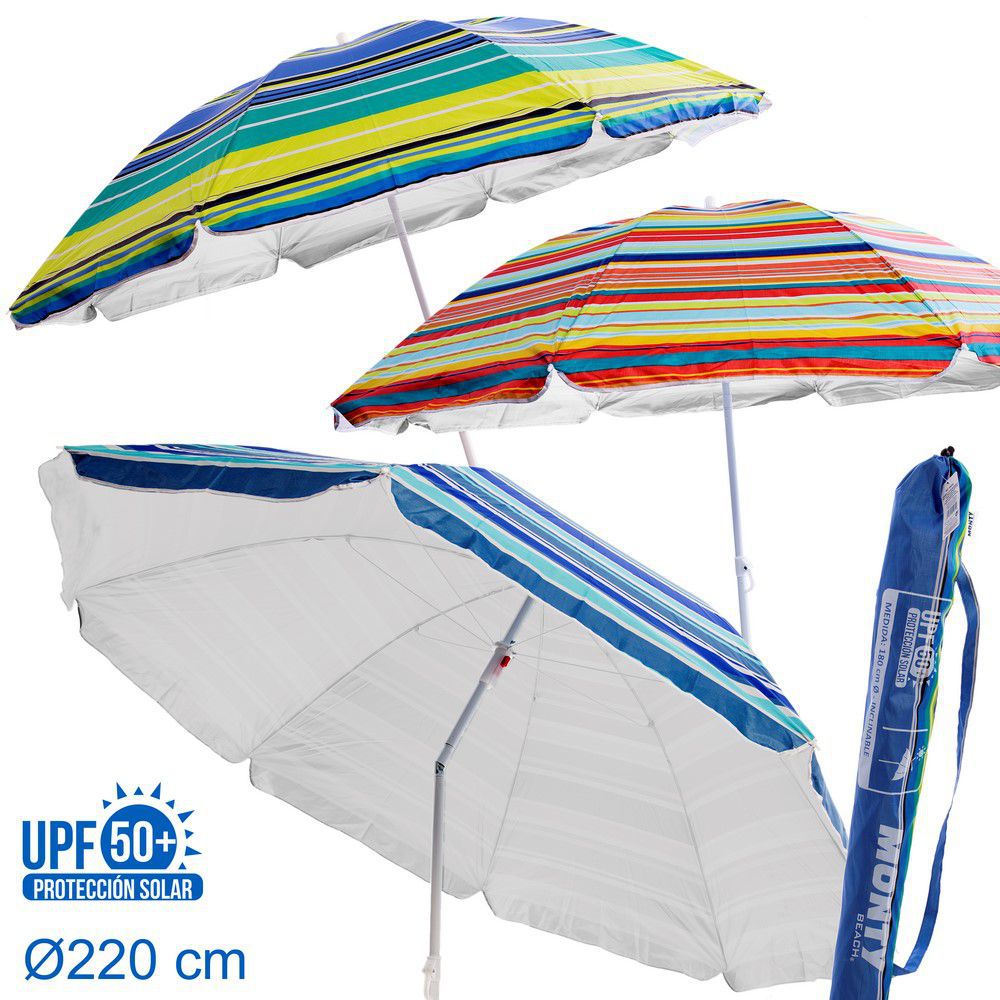 SOMBRILLA PROTECCIÓN SOLAR UPF +50 3/C 220 CM CUBIERTA IMPRESA-8 VARILLAS - MASTIL 22-25 MM- INCLINABLE- CUBIERTA NYLON PROTECCIÓN SOLAR UPF + 50-TERMINACION PUNTA