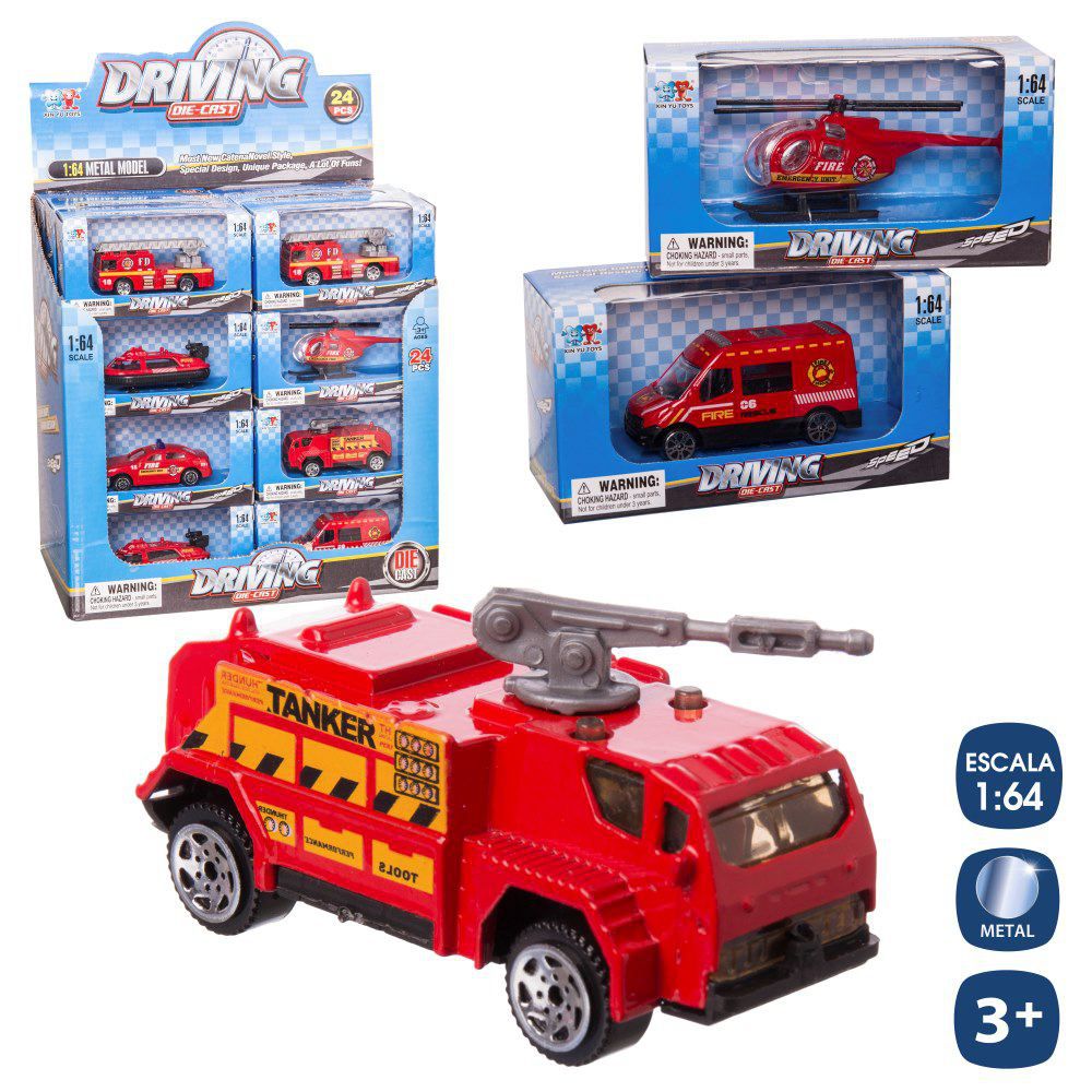 VEHÍCULO BOMBEROS METAL 6/M 8 CM ESCALA 1:64. CAJA VENTANA 12X6,5 CM. CAJA EXPOSITORA 24 PZAS.
