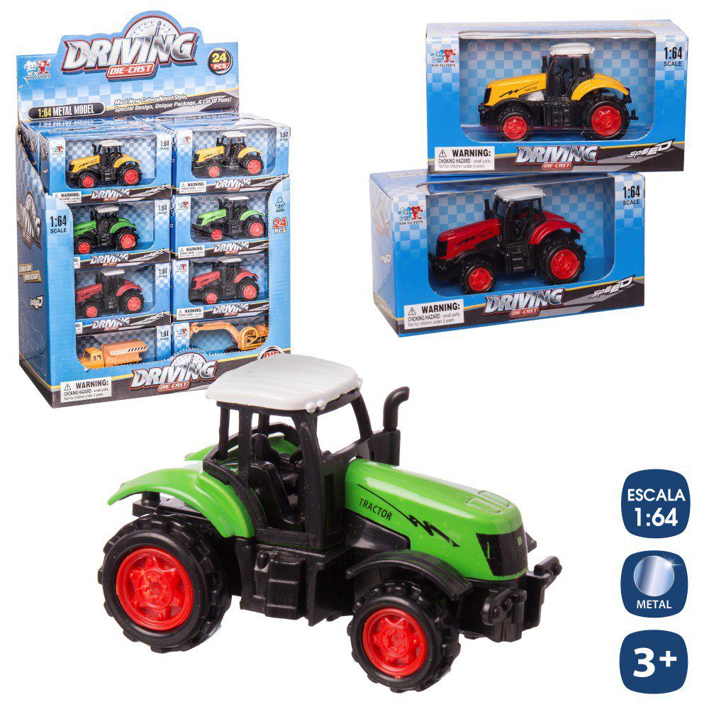 TRACTOR RUEDA LIBRE METAL 3/C 8 CM ESCALA 1:64. CAJA VENTANA 12X6 CM. CAJA EXPOSITORA 24 PZAS.