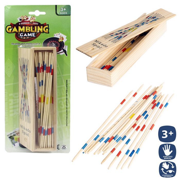 MIKADO MADERA 31 PZAS CAJA C/TAPA 18 CM 31 PIEZAS. CON CAJA PARA GUARDAR. BLISTER DE 29X13 CM.