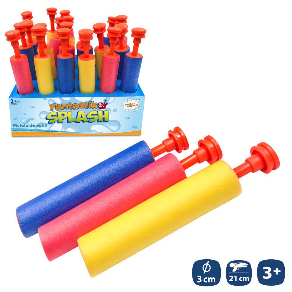 PISTOLA DE AGUA FOAM 3/C 21 X 3 CM HANTAG. CAJA EXPOSITORA 24 PZAS.