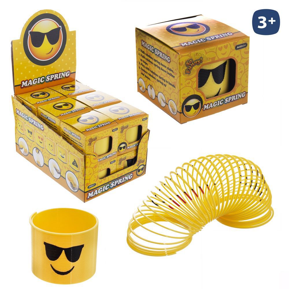 MUELLE EMOTICONOS AMARILLO 6/M 7 X 6 CM MUELLE EMOTICONO AMARILLO 6M. CAJA VENTANA DE 8X6 CM. Y CAJA EXPOSITORA 12 PZAS.