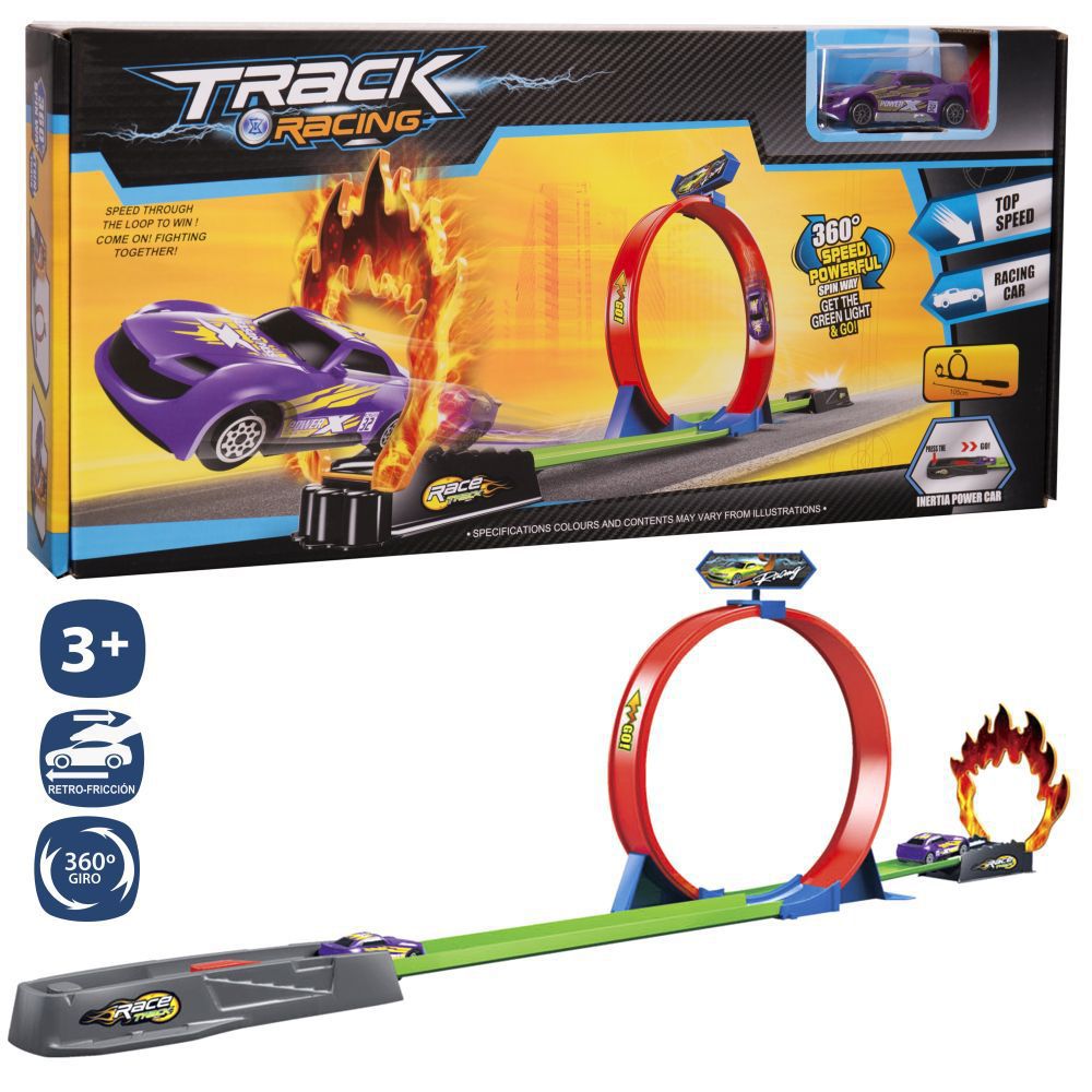 PISTA LOOPING C/ 1 GIRO+1 COCHE CON UN GIRO Y 1 COCHE RETROFRICCION. CAJA VENTANA 43X20CM.